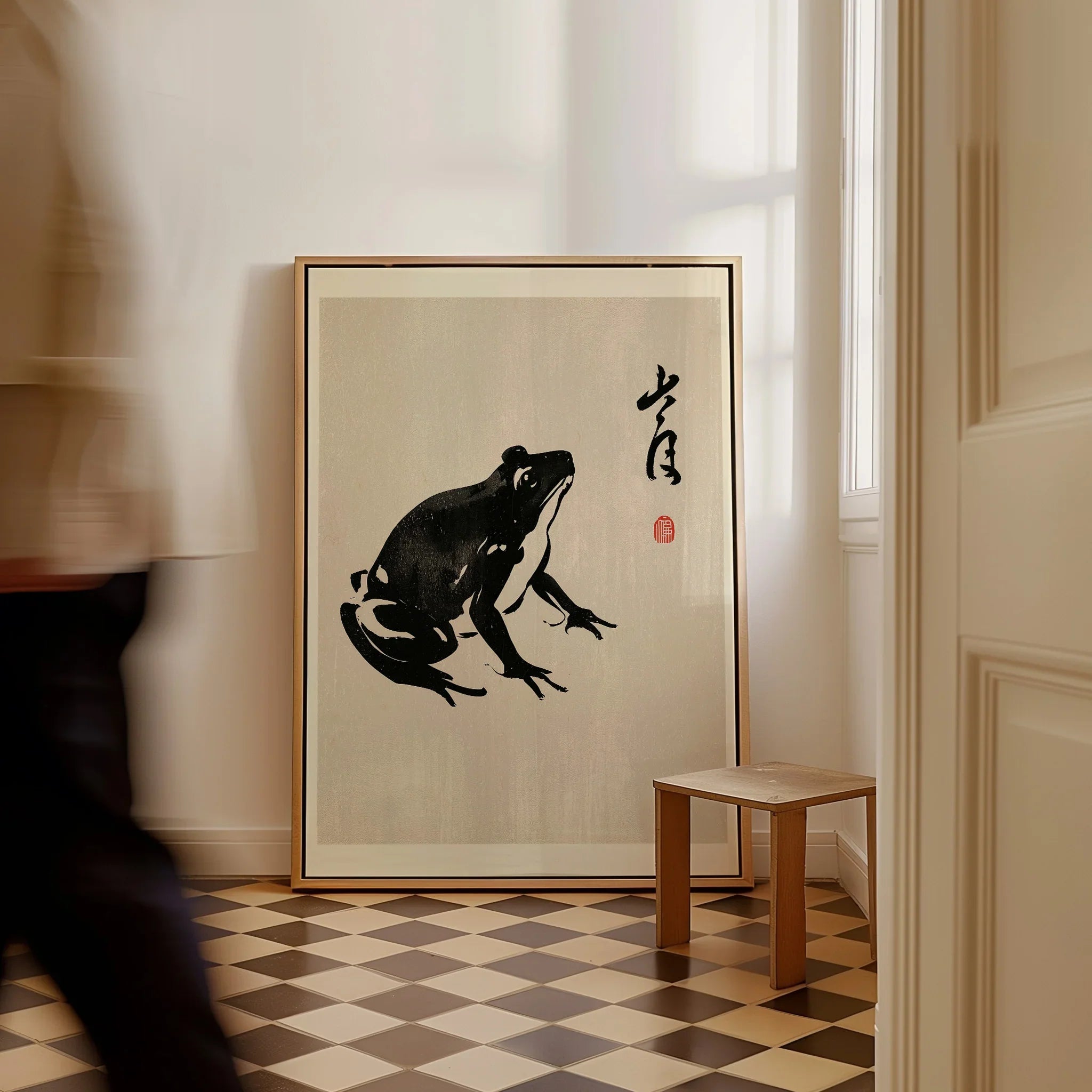 Japanese Frog Art Print – Vintage Ukiyo-e Style Wall Art — framed canvas on floor man walking past