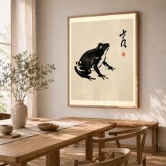 Japanese Frog Art Print – Vintage Ukiyo-e Style Wall Art — dining room framed print natural wood frame