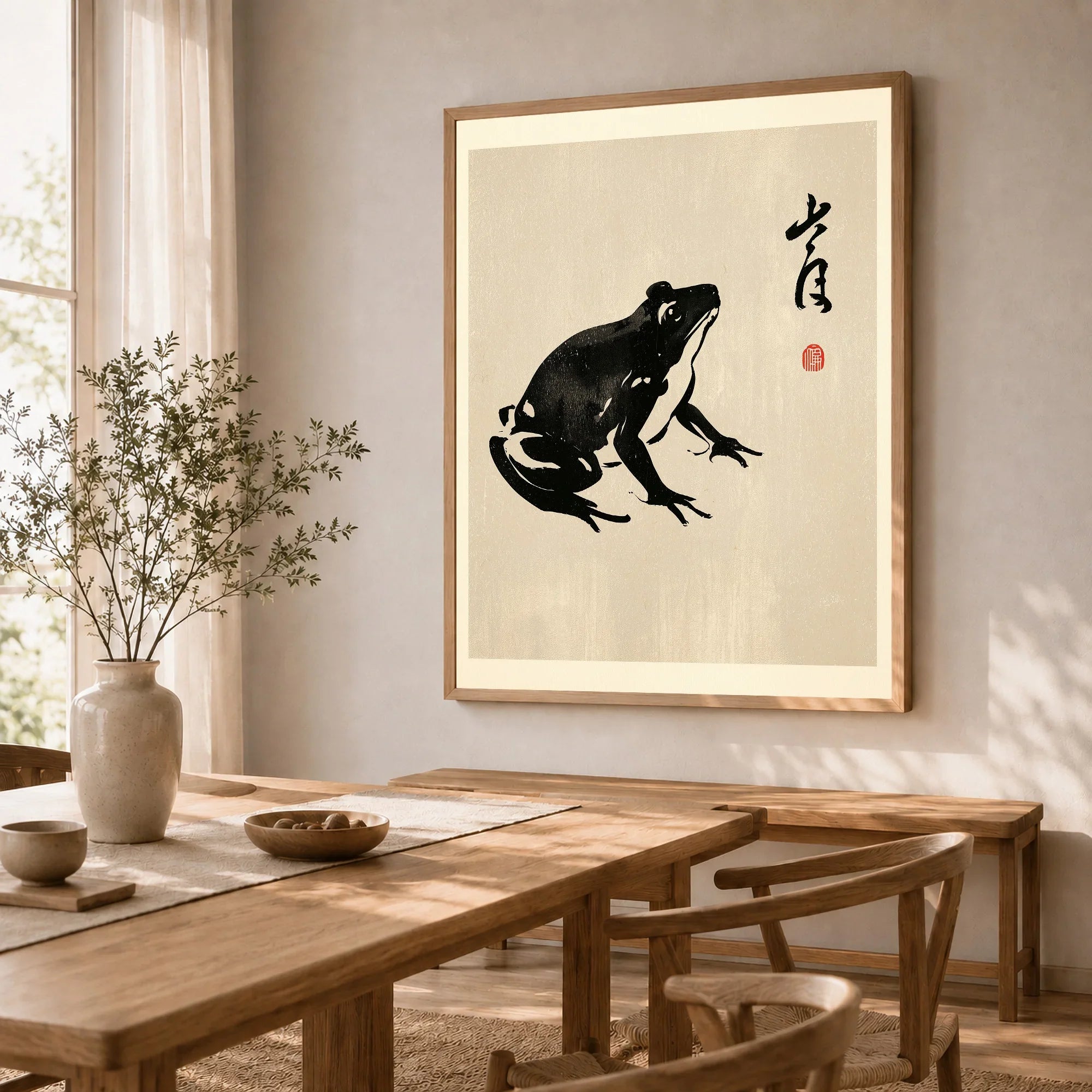 Japanese Frog Art Print – Vintage Ukiyo-e Style Wall Art — dining room framed print natural wood frame