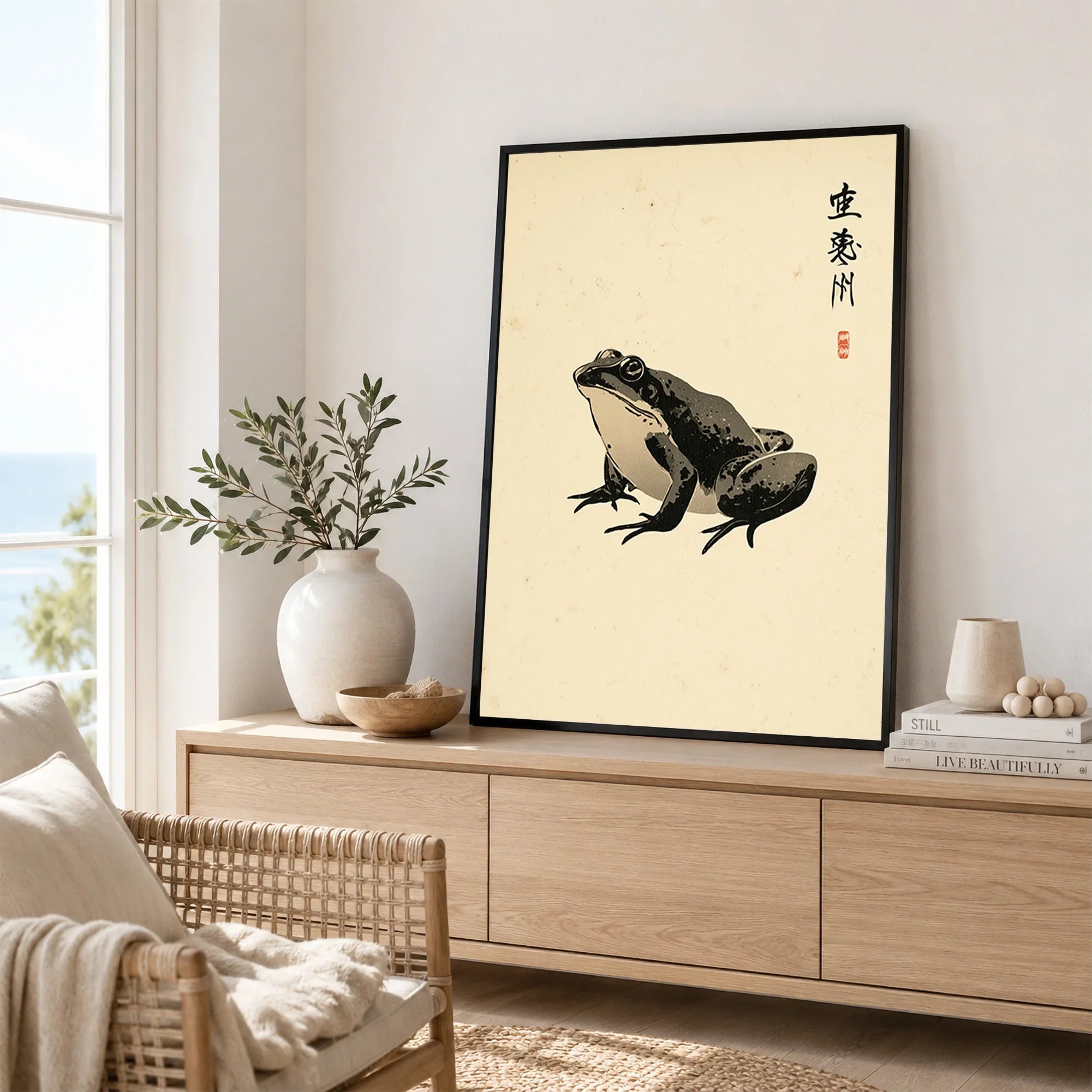 Japanese Frog Wall Art – Vintage Japanese Animal Print — framed artwork living room lifestyle setting