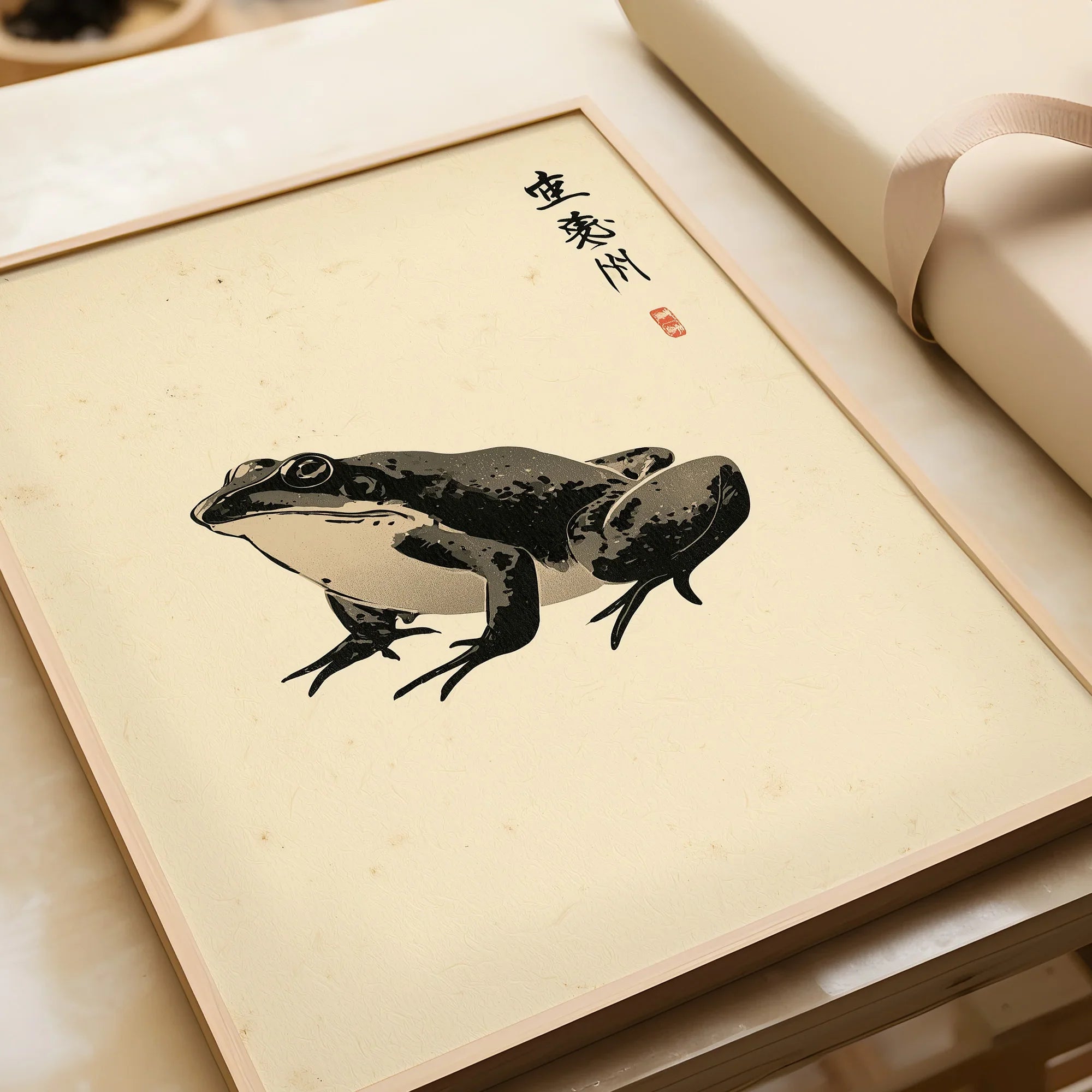 Japanese Frog Wall Art – Vintage Japanese Animal Print — framed art print closeup gift unwrapped natural frame