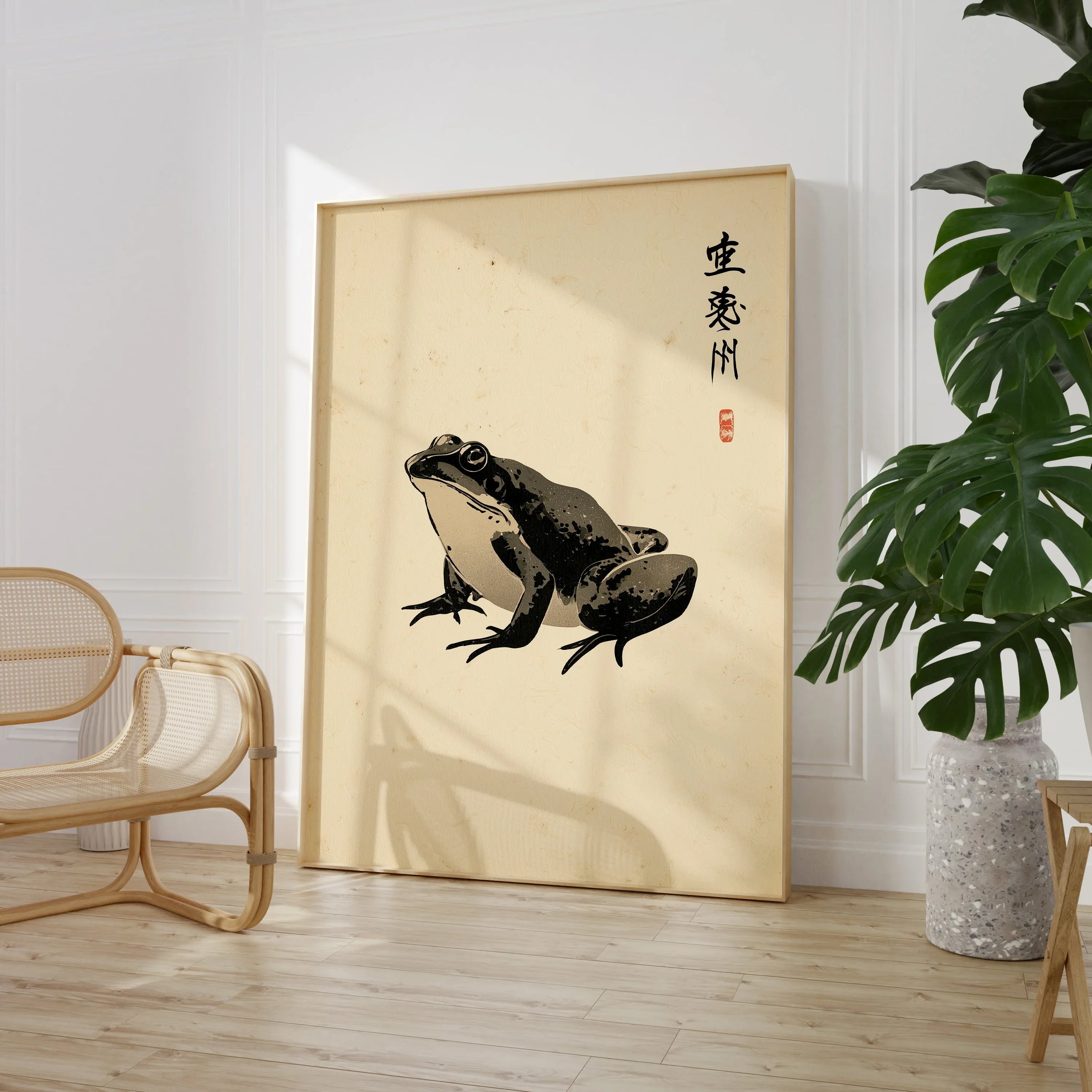 Japanese Frog Wall Art – Vintage Japanese Animal Print — large framed print room setting chair plant