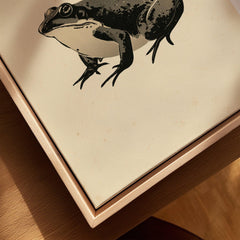 Japanese Frog Wall Art – Vintage Japanese Animal Print — closeup framed canvas natural wood floating frame