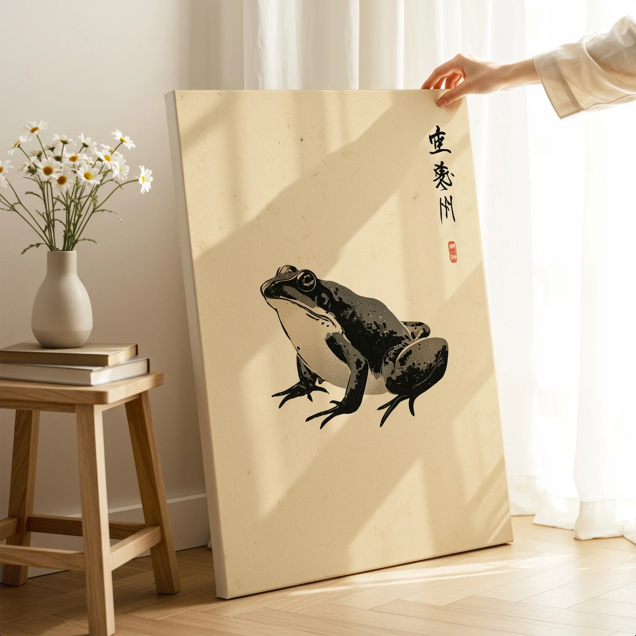 Japanese Frog Wall Art – Vintage Japanese Animal Print — canvas print mirror edge hand holding room setting
