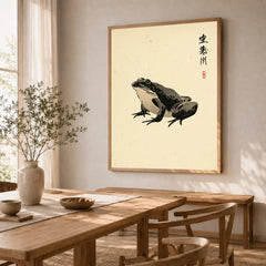 Japanese Frog Wall Art – Vintage Japanese Animal Print — dining room framed print natural wood frame