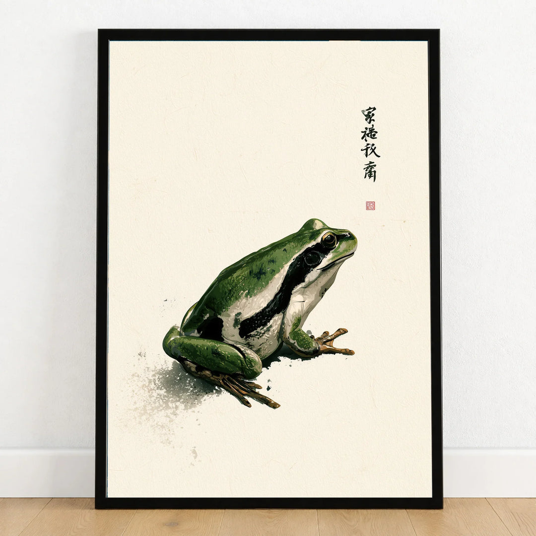 Vintage Japanese Frog Art Print – Nature Wall Decor — art print in black frame on wooden floor