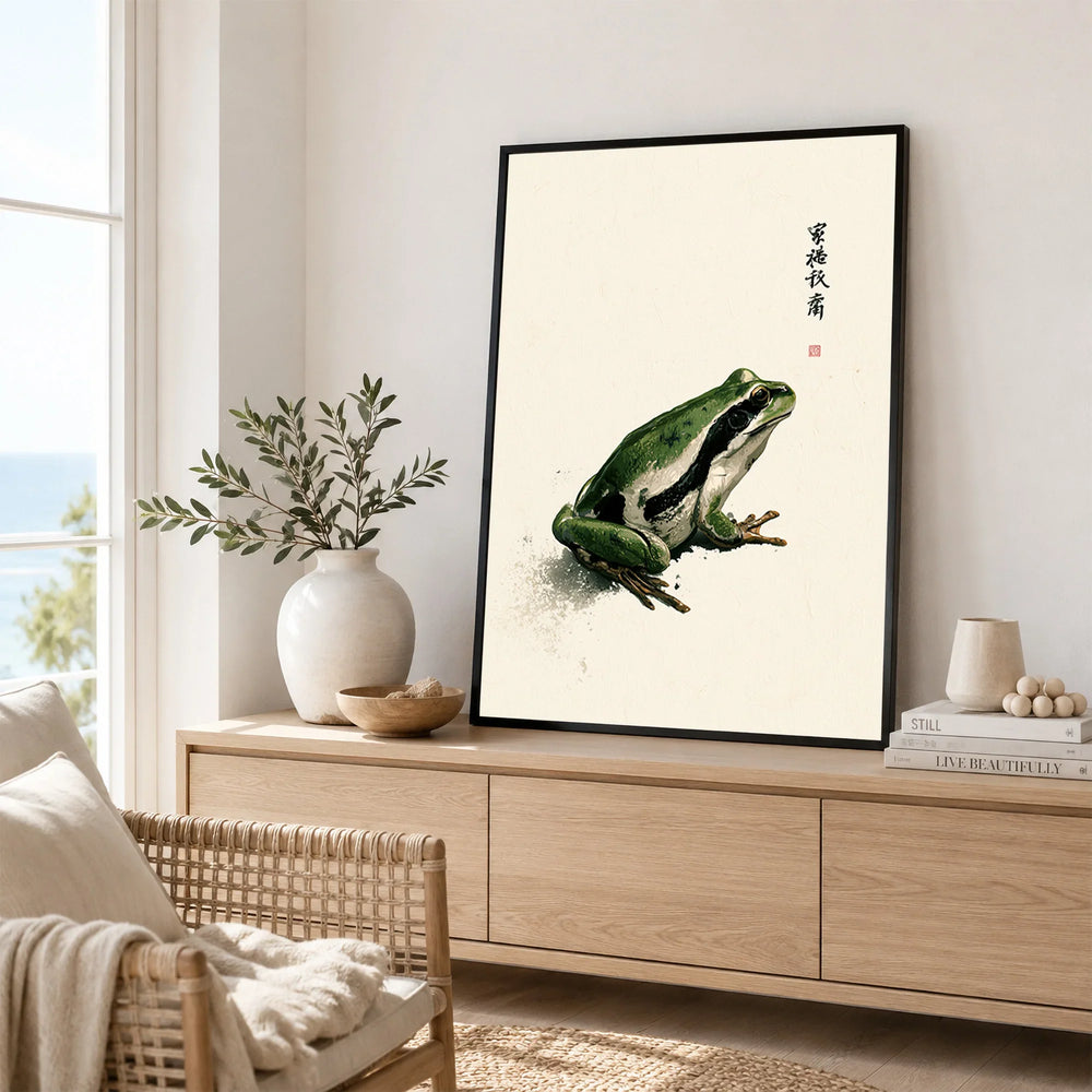 Vintage Japanese Frog Art Print – Nature Wall Decor — framed artwork living room lifestyle setting
