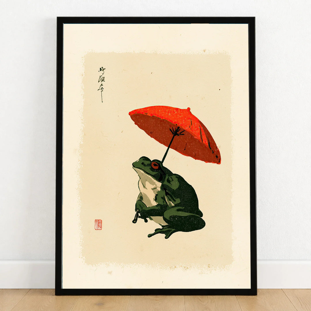 Japanese Frog Art Print – Red Umbrella Vintage Wall Art — art print in black frame on wooden floor