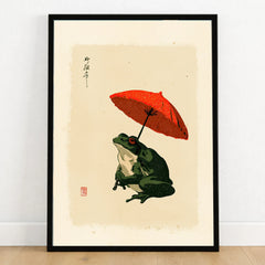 Japanese Frog Art Print – Red Umbrella Vintage Wall Art — art print in black frame on wooden floor