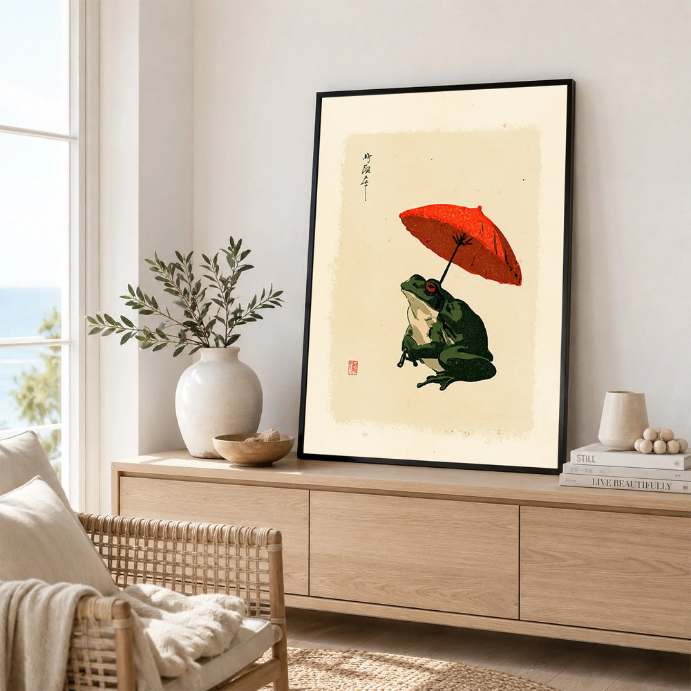 Japanese Frog Art Print – Red Umbrella Vintage Wall Art — framed artwork living room lifestyle setting