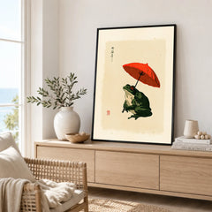 Japanese Frog Art Print – Red Umbrella Vintage Wall Art — framed artwork living room lifestyle setting
