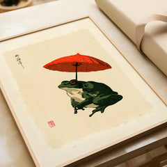 Japanese Frog Art Print – Red Umbrella Vintage Wall Art — framed art print closeup gift unwrapped natural frame
