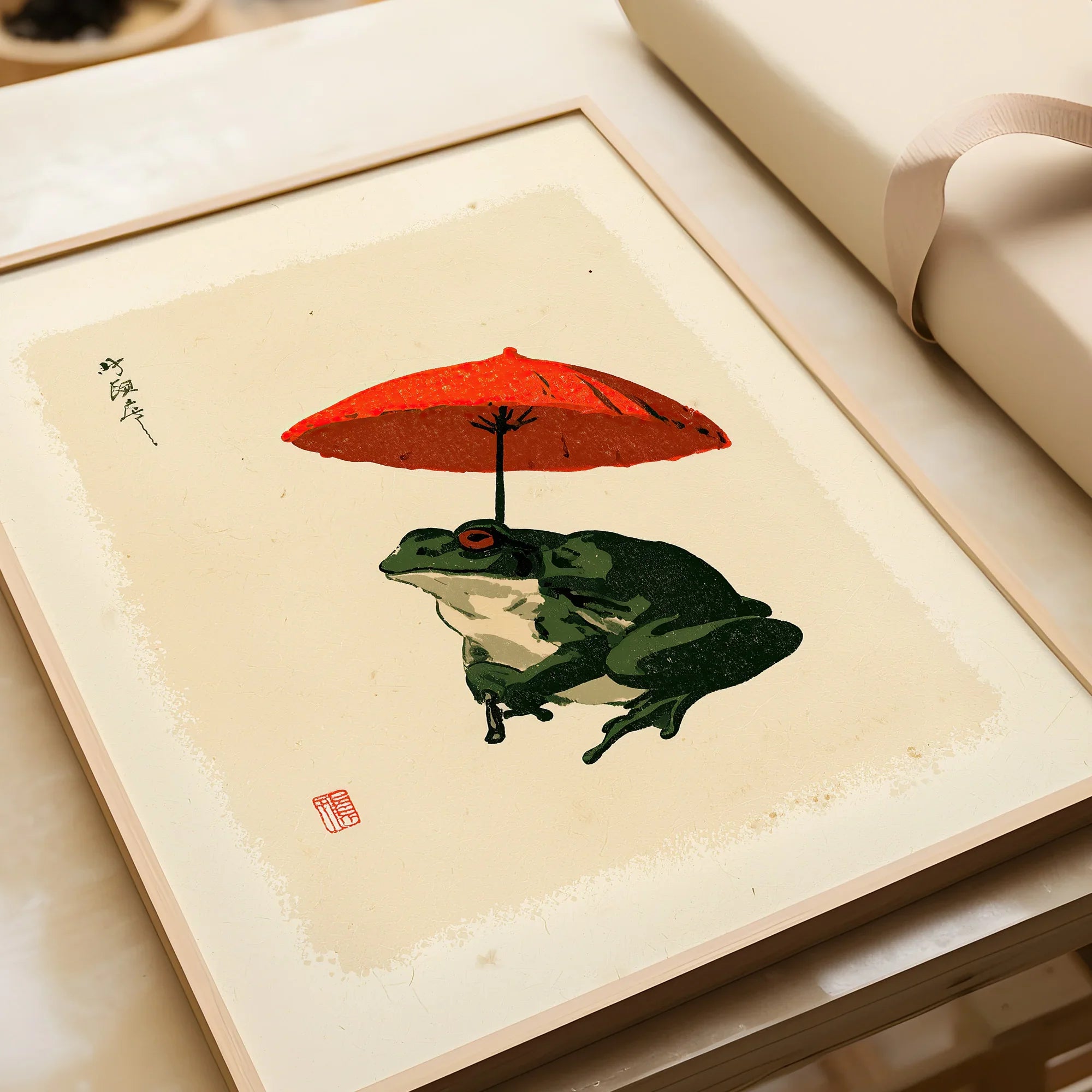 Japanese Frog Art Print – Red Umbrella Vintage Wall Art — framed art print closeup gift unwrapped natural frame