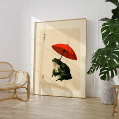 Japanese Frog Art Print – Red Umbrella Vintage Wall Art — large framed print room setting chair plant