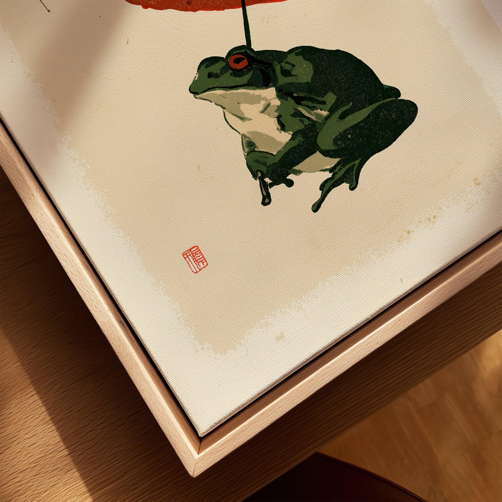 Japanese Frog Art Print – Red Umbrella Vintage Wall Art — closeup framed canvas natural wood floating frame