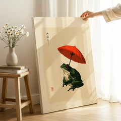 Japanese Frog Art Print – Red Umbrella Vintage Wall Art — canvas print mirror edge hand holding room setting