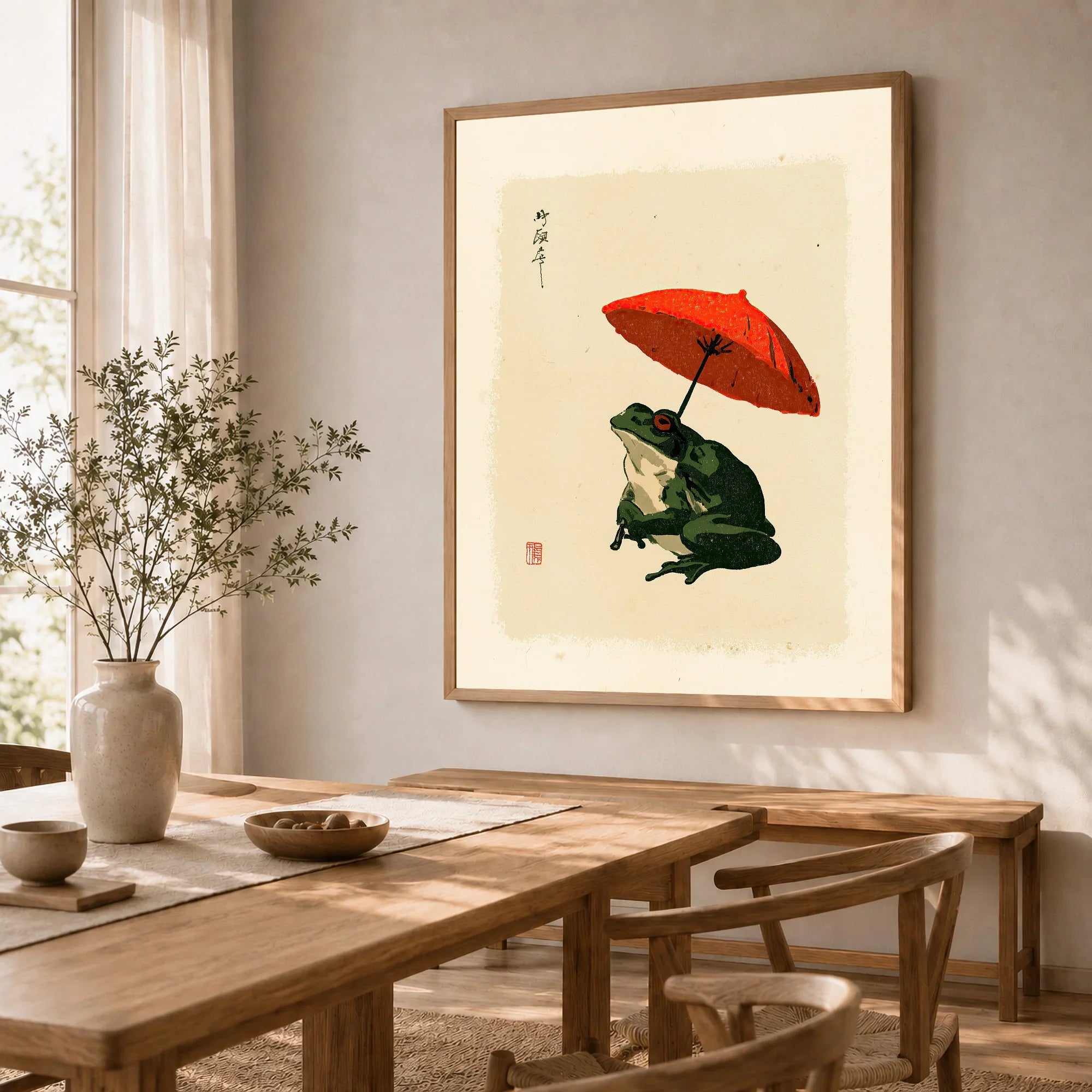 Japanese Frog Art Print – Red Umbrella Vintage Wall Art — dining room framed print natural wood frame