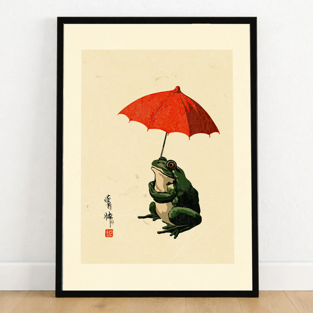 Japanese Frog Wall Art – Vintage Umbrella Art Print — art print in black frame on wooden floor