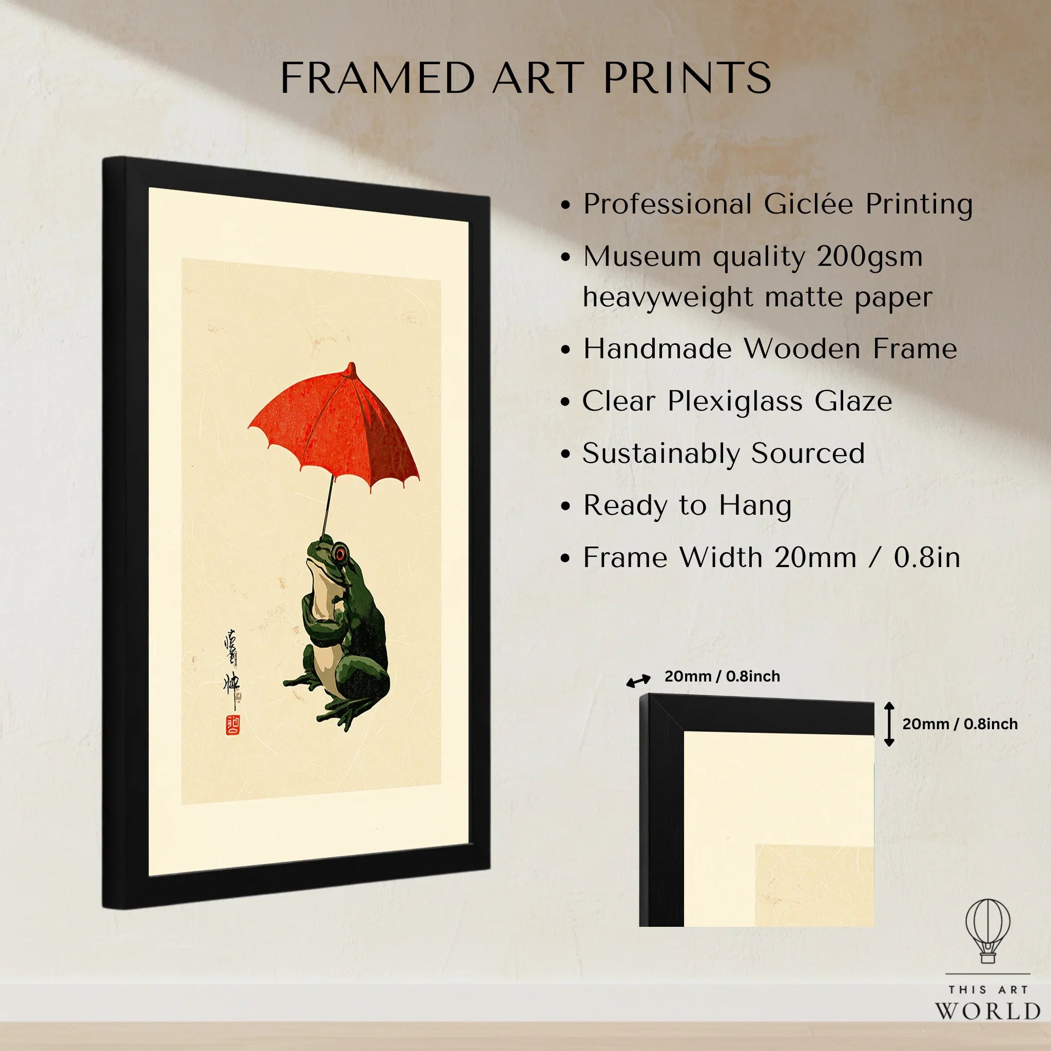 Japanese Frog Wall Art – Vintage Umbrella Art Print — framed print details measurements quality details