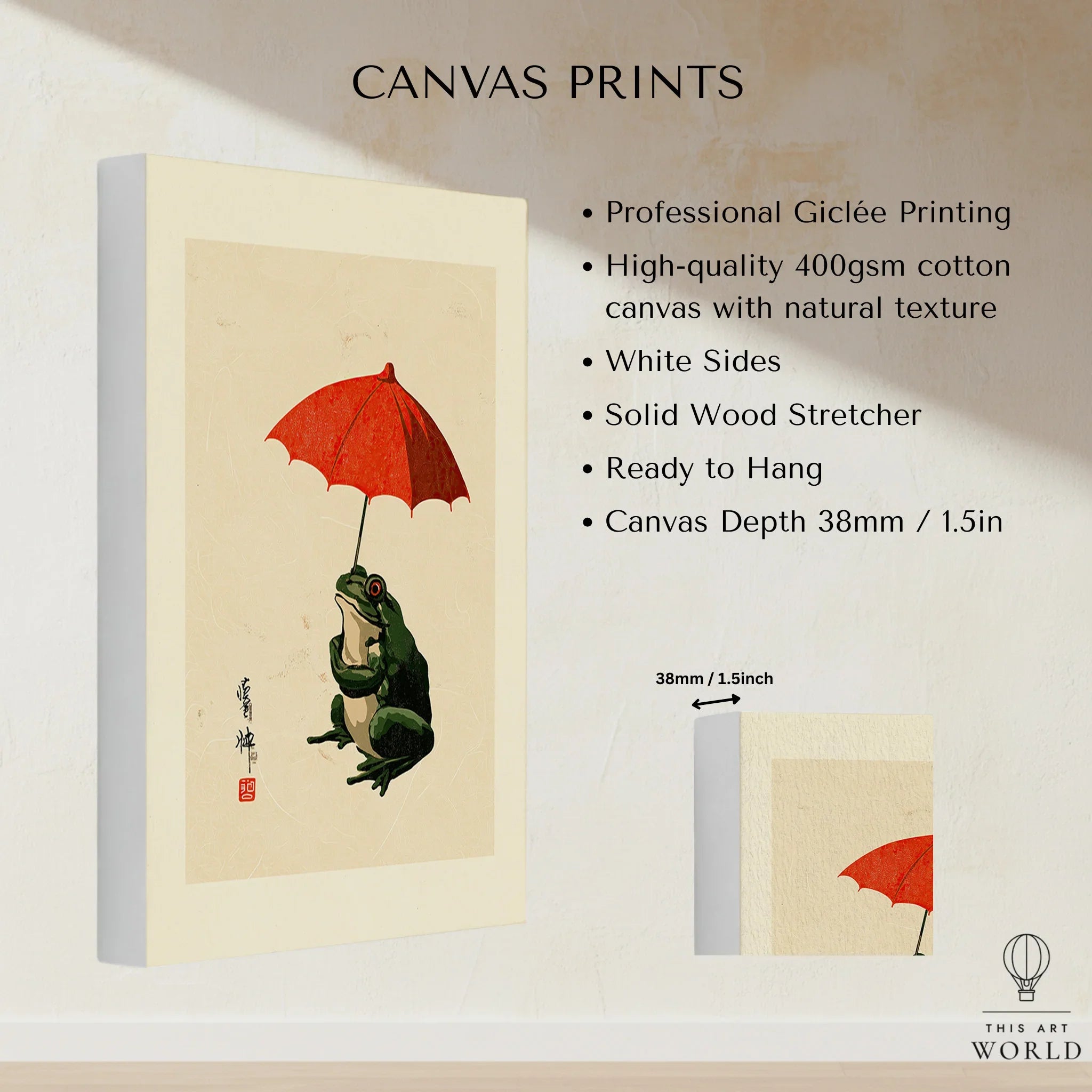 Japanese Frog Wall Art – Vintage Umbrella Art Print — canvas print stretched cotton canvas details