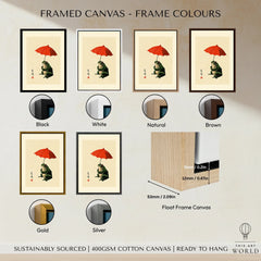 Japanese Frog Wall Art – Vintage Umbrella Art Print — framed canvas float frame colour options