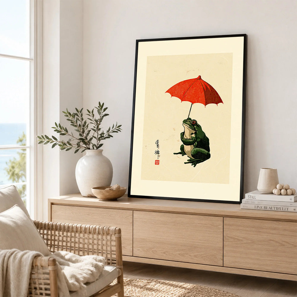 Japanese Frog Wall Art – Vintage Umbrella Art Print — framed artwork living room lifestyle setting