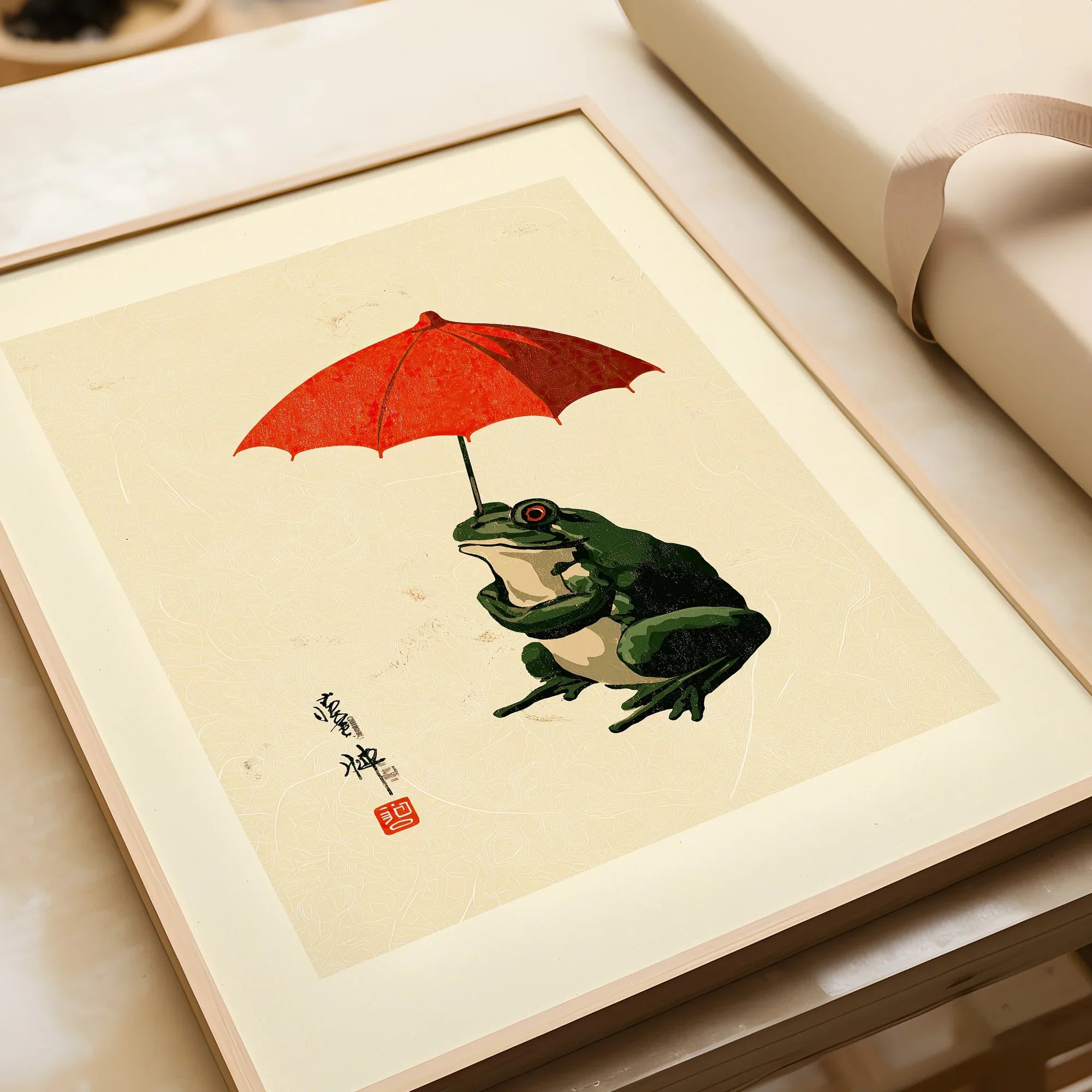 Japanese Frog Wall Art – Vintage Umbrella Art Print — framed art print closeup gift unwrapped natural frame