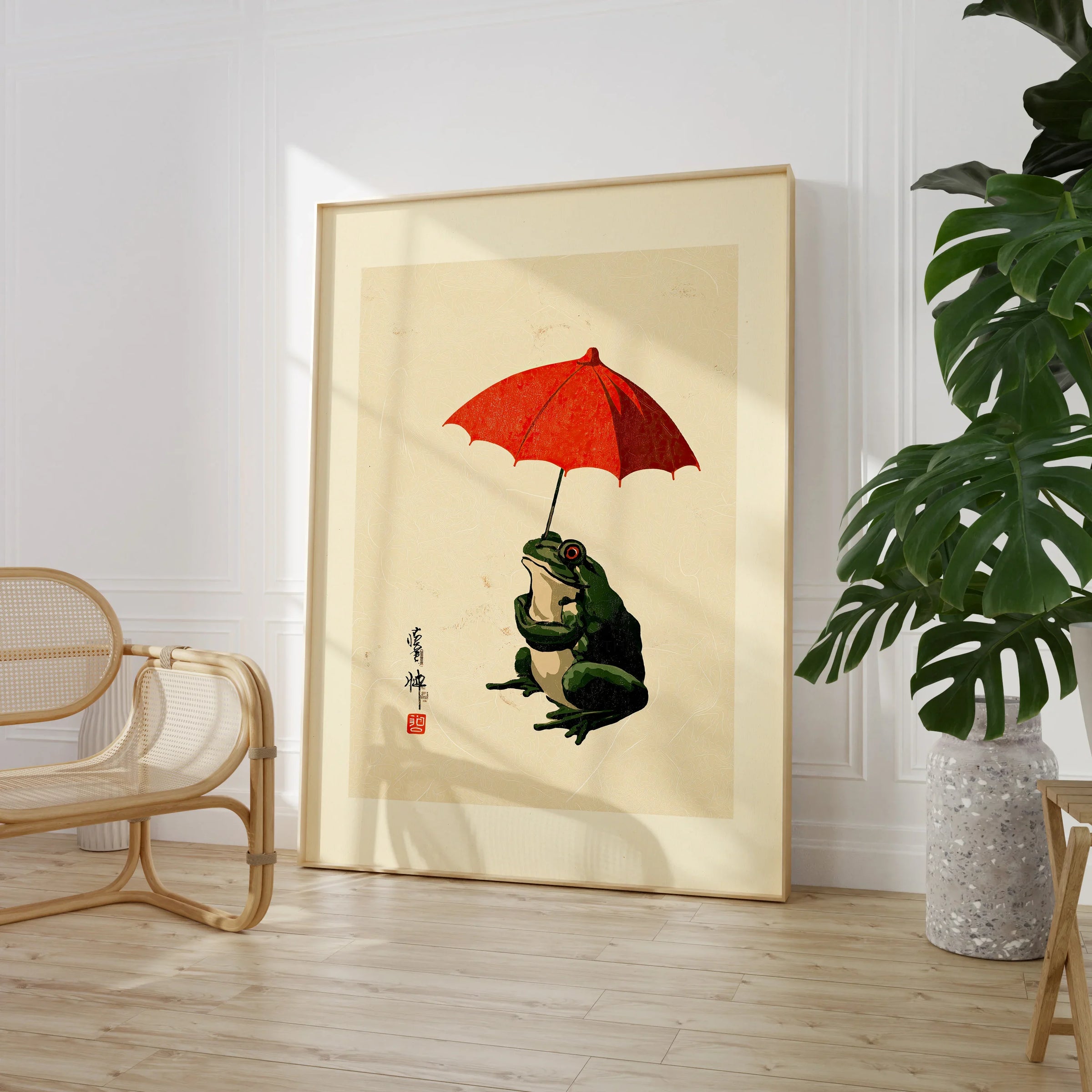 Japanese Frog Wall Art – Vintage Umbrella Art Print — large framed print room setting chair plant