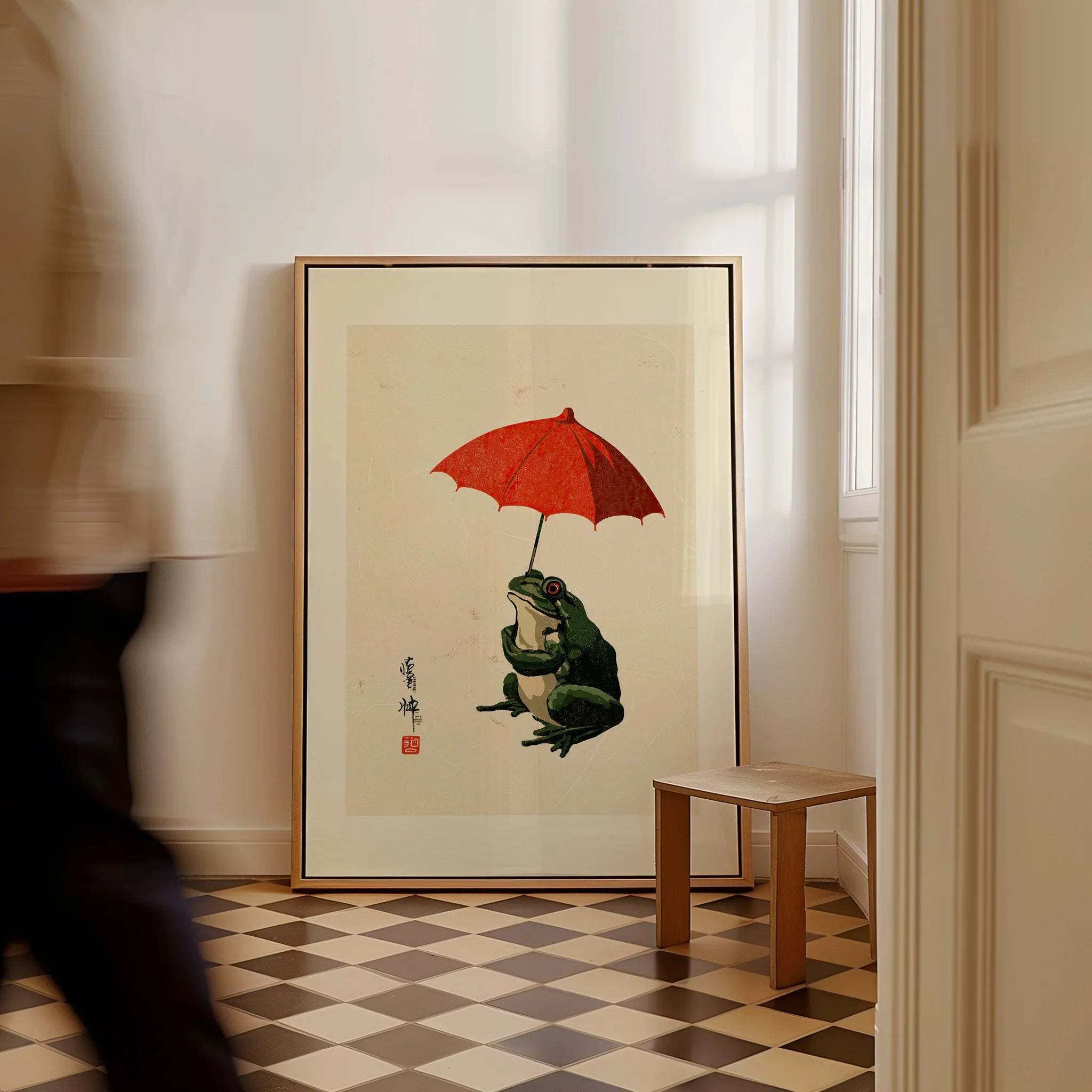 Japanese Frog Wall Art – Vintage Umbrella Art Print — framed canvas on floor man walking past