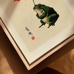 Japanese Frog Wall Art – Vintage Umbrella Art Print — closeup framed canvas natural wood floating frame