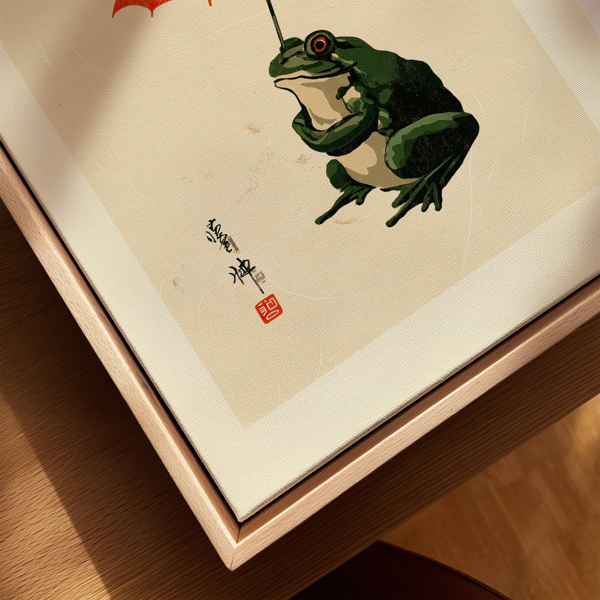 Japanese Frog Wall Art – Vintage Umbrella Art Print — closeup framed canvas natural wood floating frame
