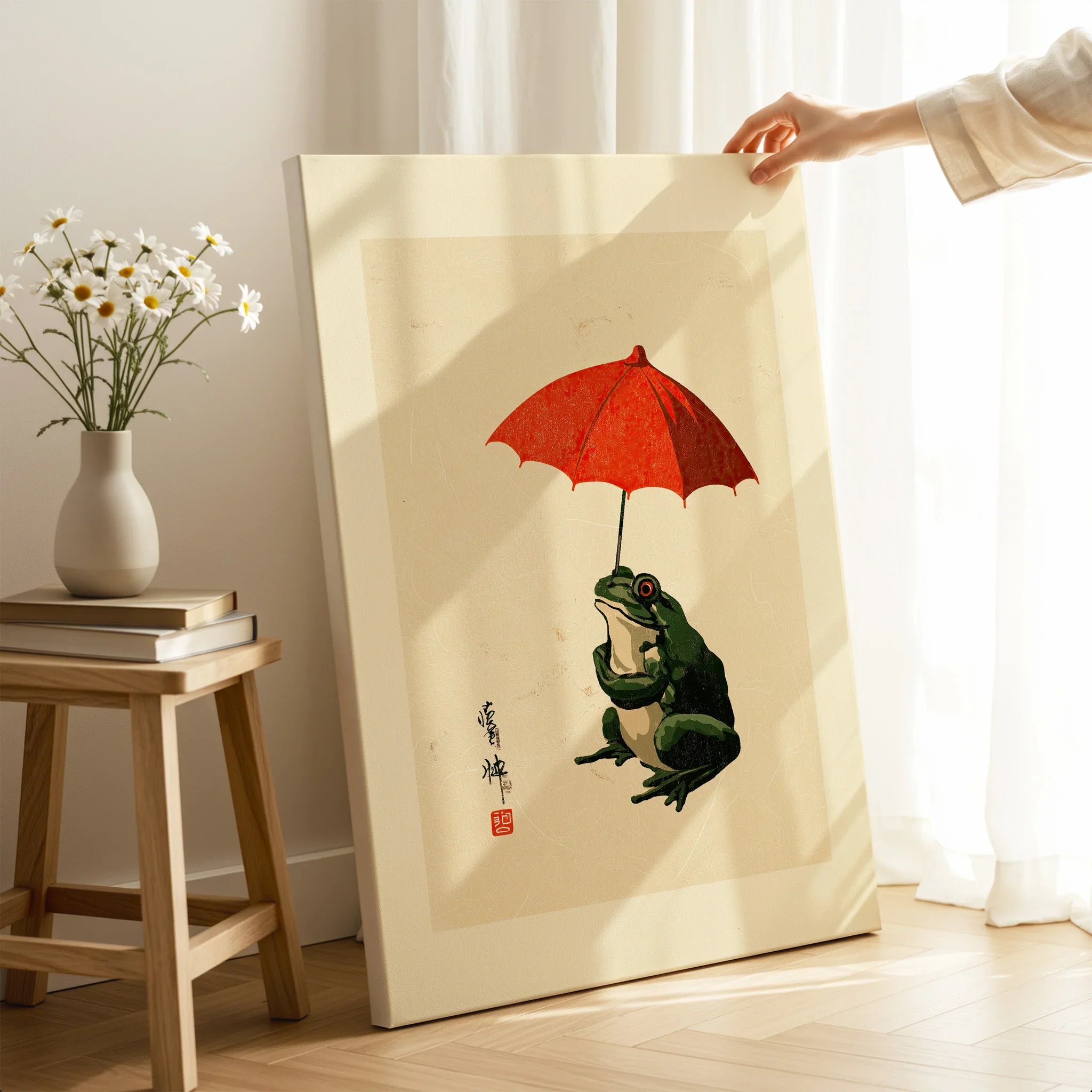 Japanese Frog Wall Art – Vintage Umbrella Art Print — canvas print mirror edge hand holding room setting