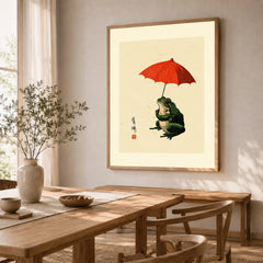 Japanese Frog Wall Art – Vintage Umbrella Art Print — dining room framed print natural wood frame
