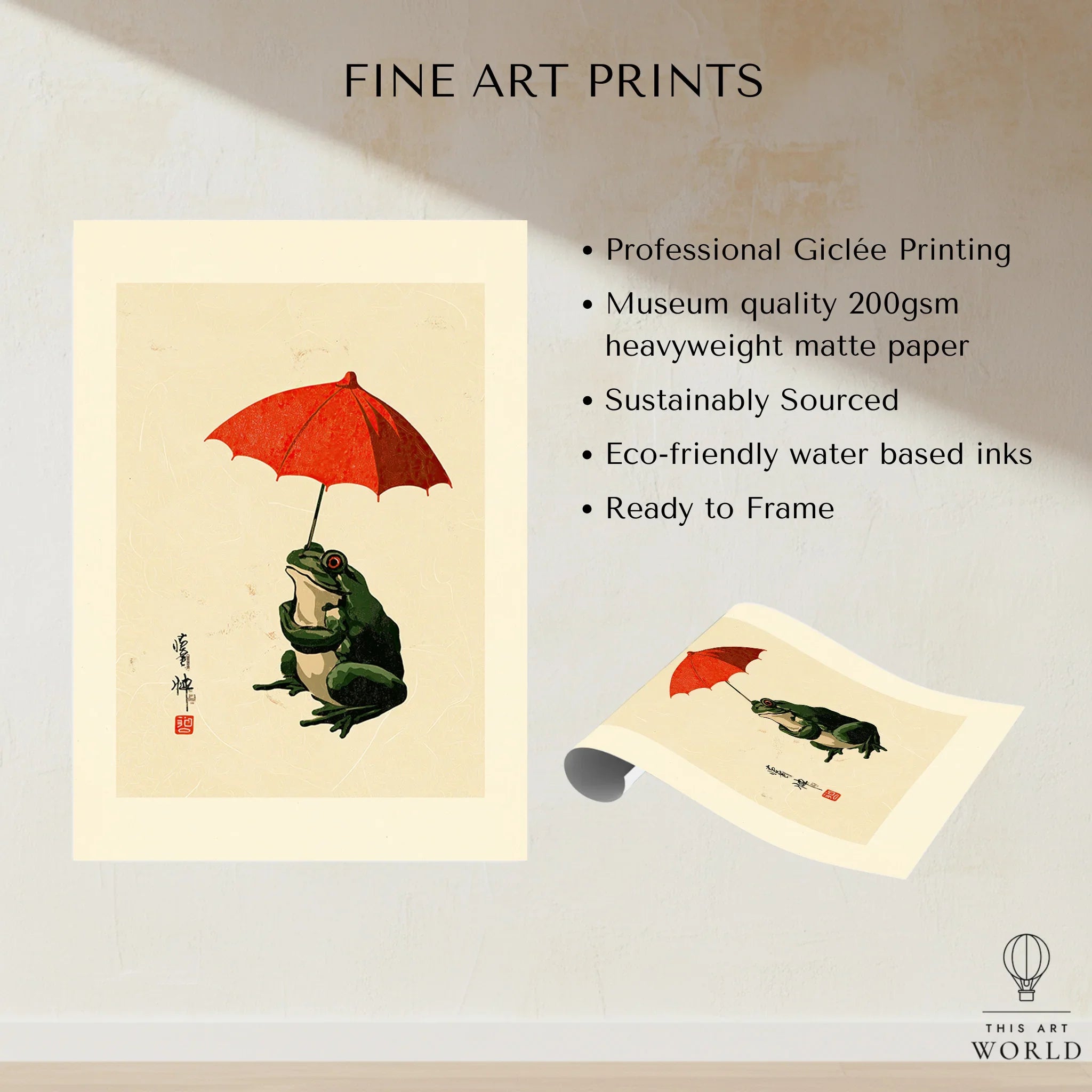 Japanese Frog Wall Art – Vintage Umbrella Art Print — fine art print unframed quality details