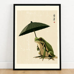 Japanese Art Print – Frog & Parasol Vintage Wall Art — art print in black frame on wooden floor