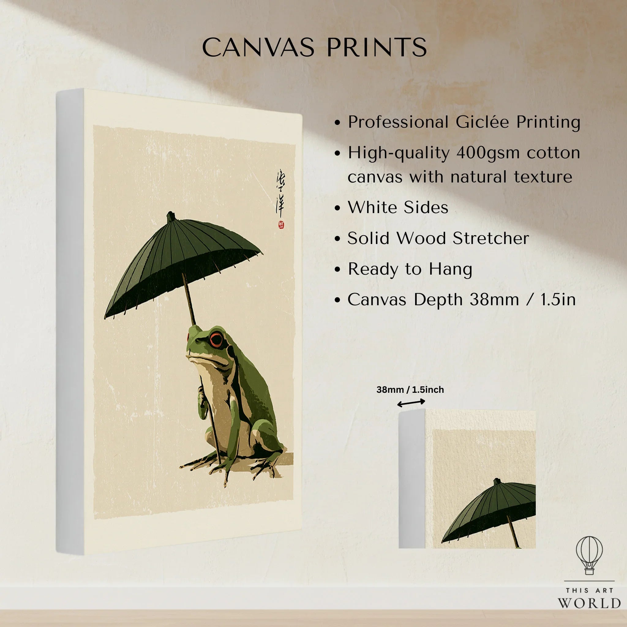 Japanese Art Print – Frog & Parasol Vintage Wall Art — canvas print stretched cotton canvas details