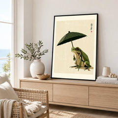 Japanese Art Print – Frog & Parasol Vintage Wall Art — framed artwork living room lifestyle setting