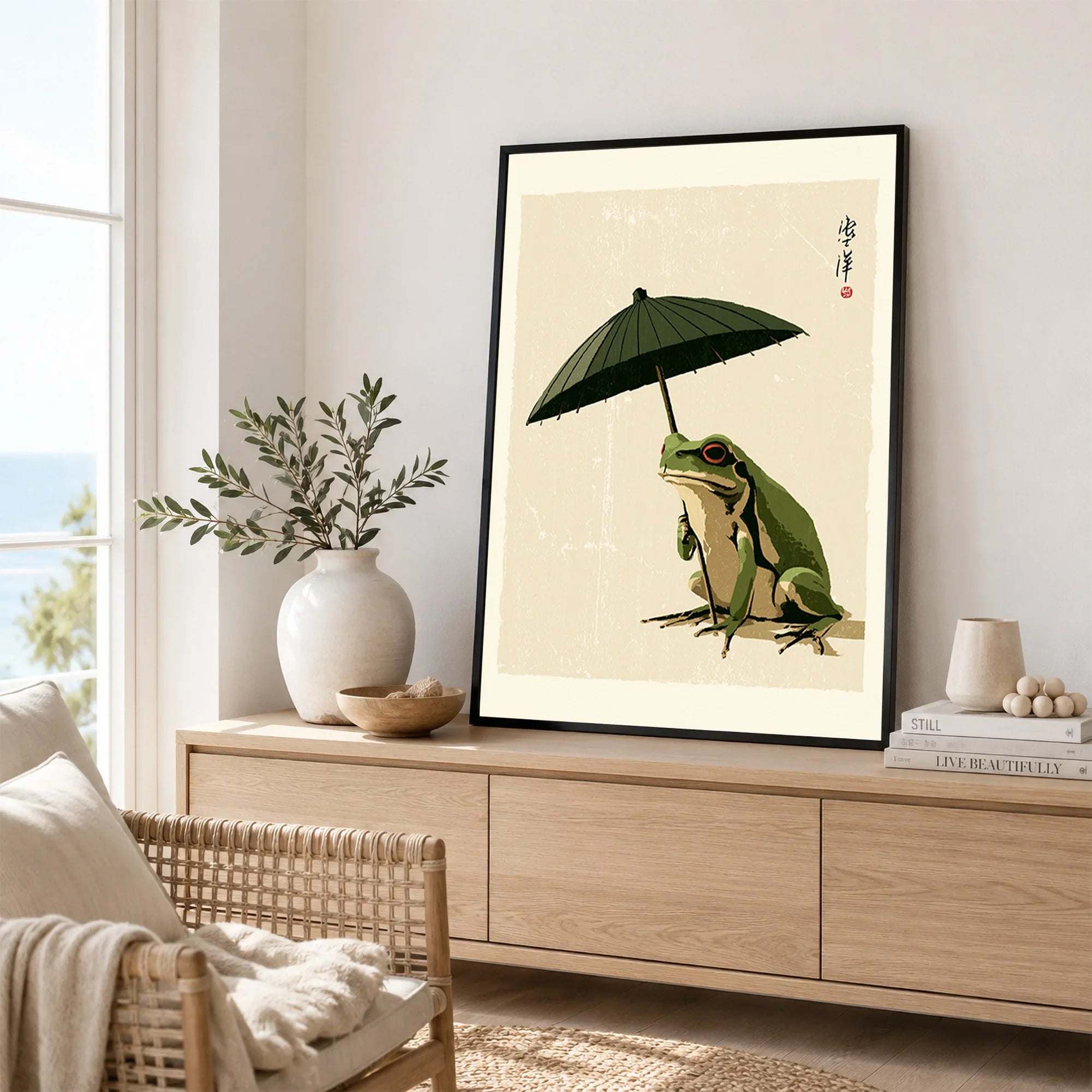 Japanese Art Print – Frog & Parasol Vintage Wall Art — framed artwork living room lifestyle setting