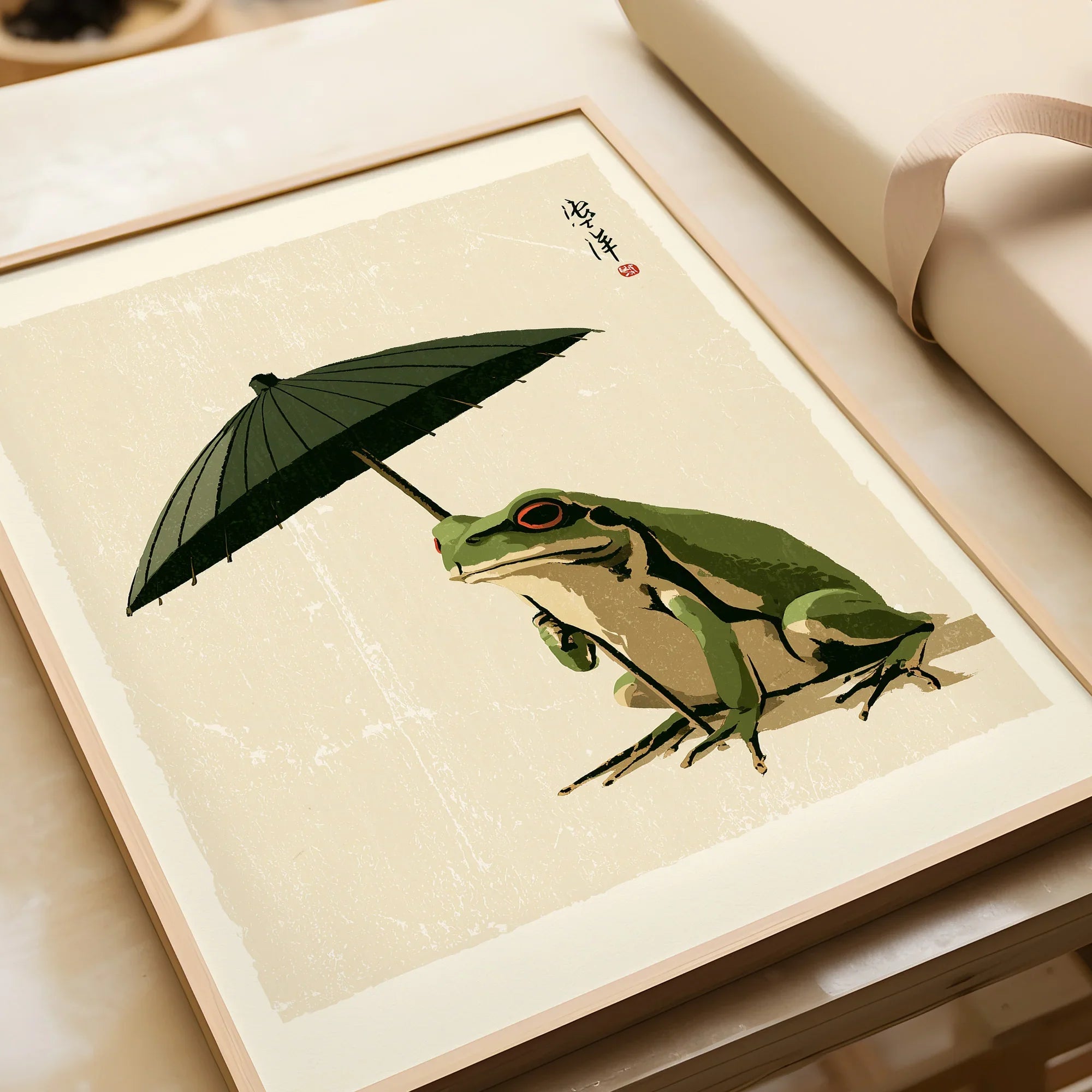 Japanese Art Print – Frog & Parasol Vintage Wall Art — framed art print closeup gift unwrapped natural frame