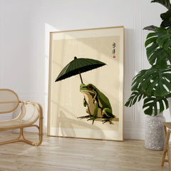 Japanese Art Print – Frog & Parasol Vintage Wall Art — large framed print room setting chair plant