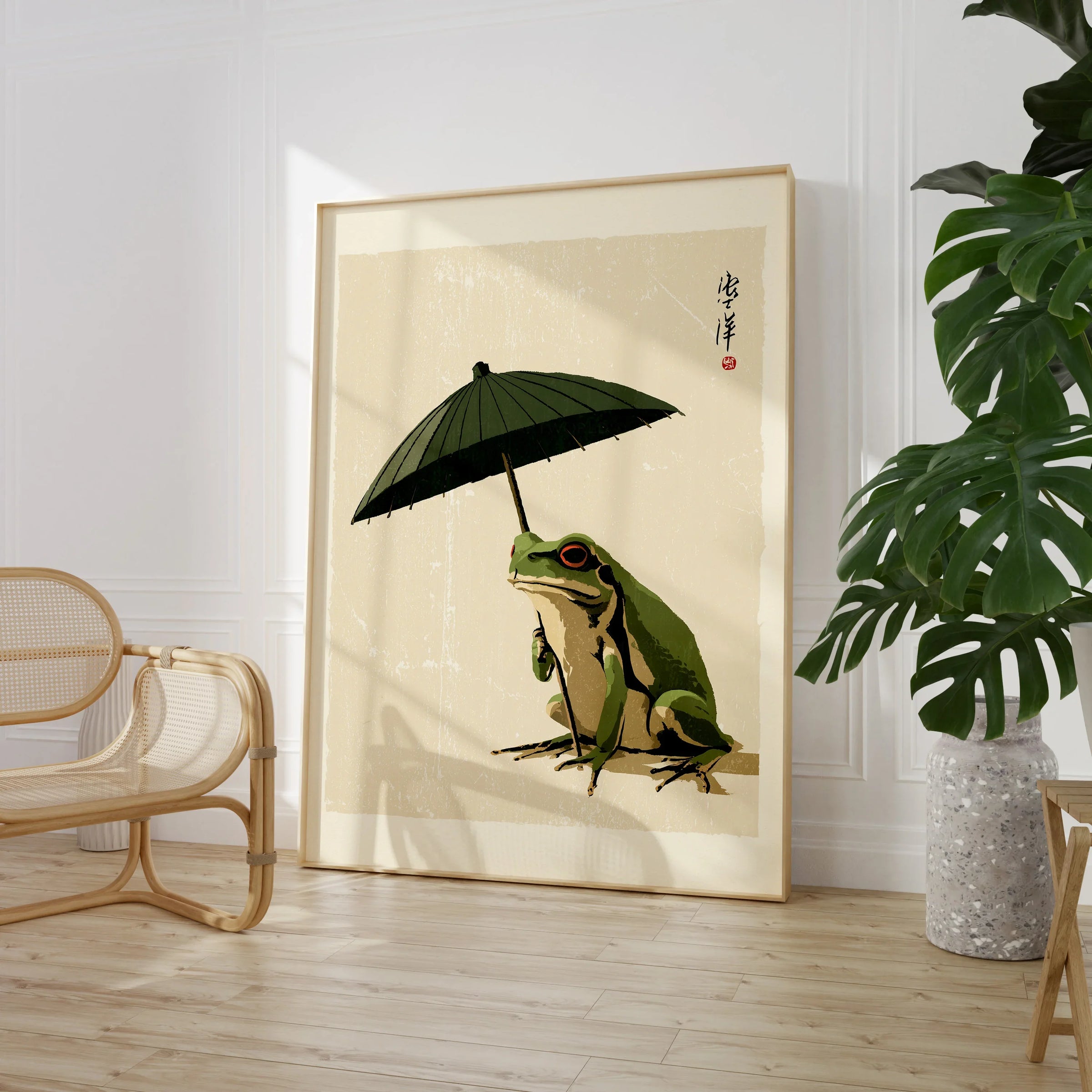 Japanese Art Print – Frog & Parasol Vintage Wall Art — large framed print room setting chair plant