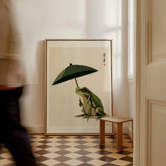 Japanese Art Print – Frog & Parasol Vintage Wall Art — framed canvas on floor man walking past
