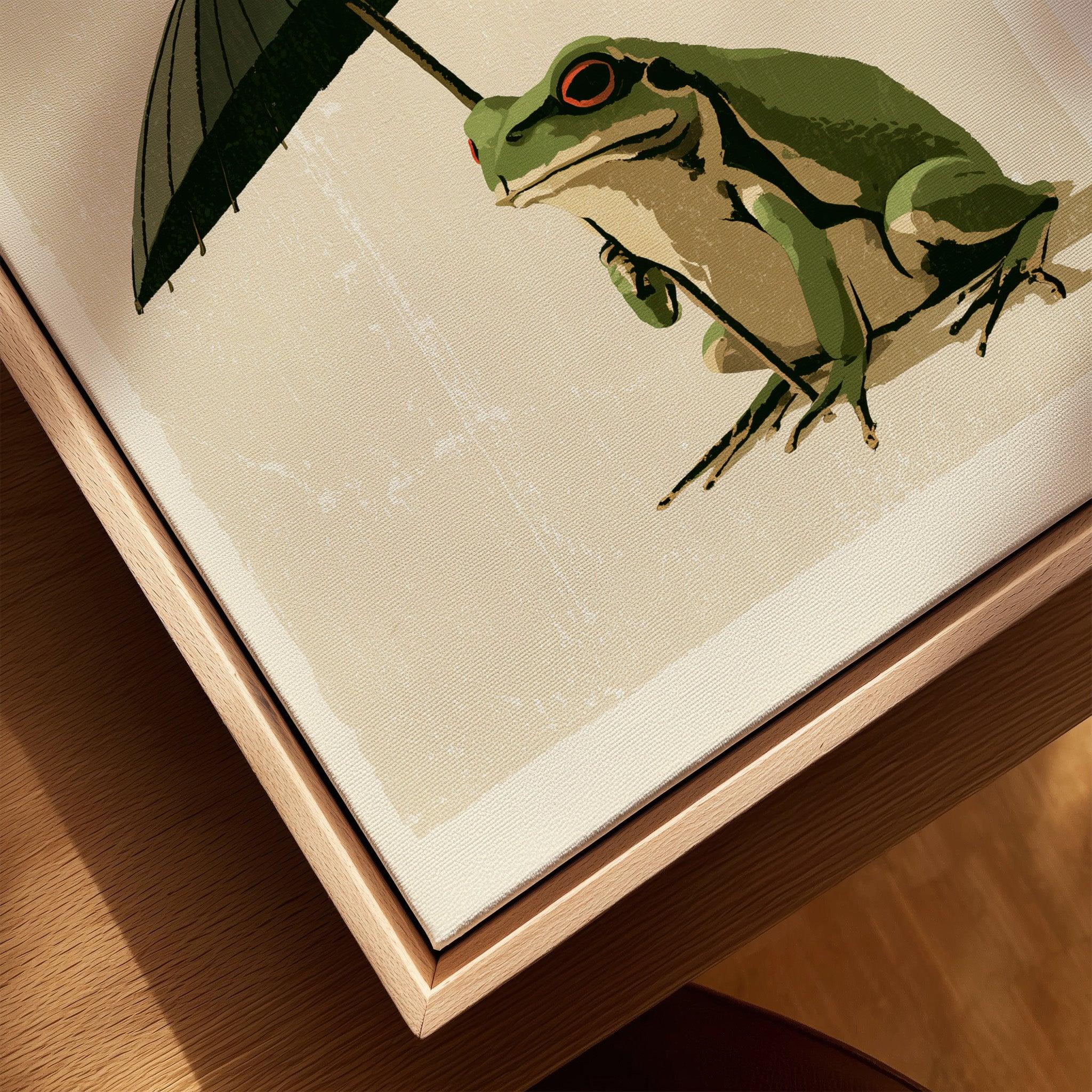 Japanese Art Print – Frog & Parasol Vintage Wall Art — closeup framed canvas natural wood floating frame