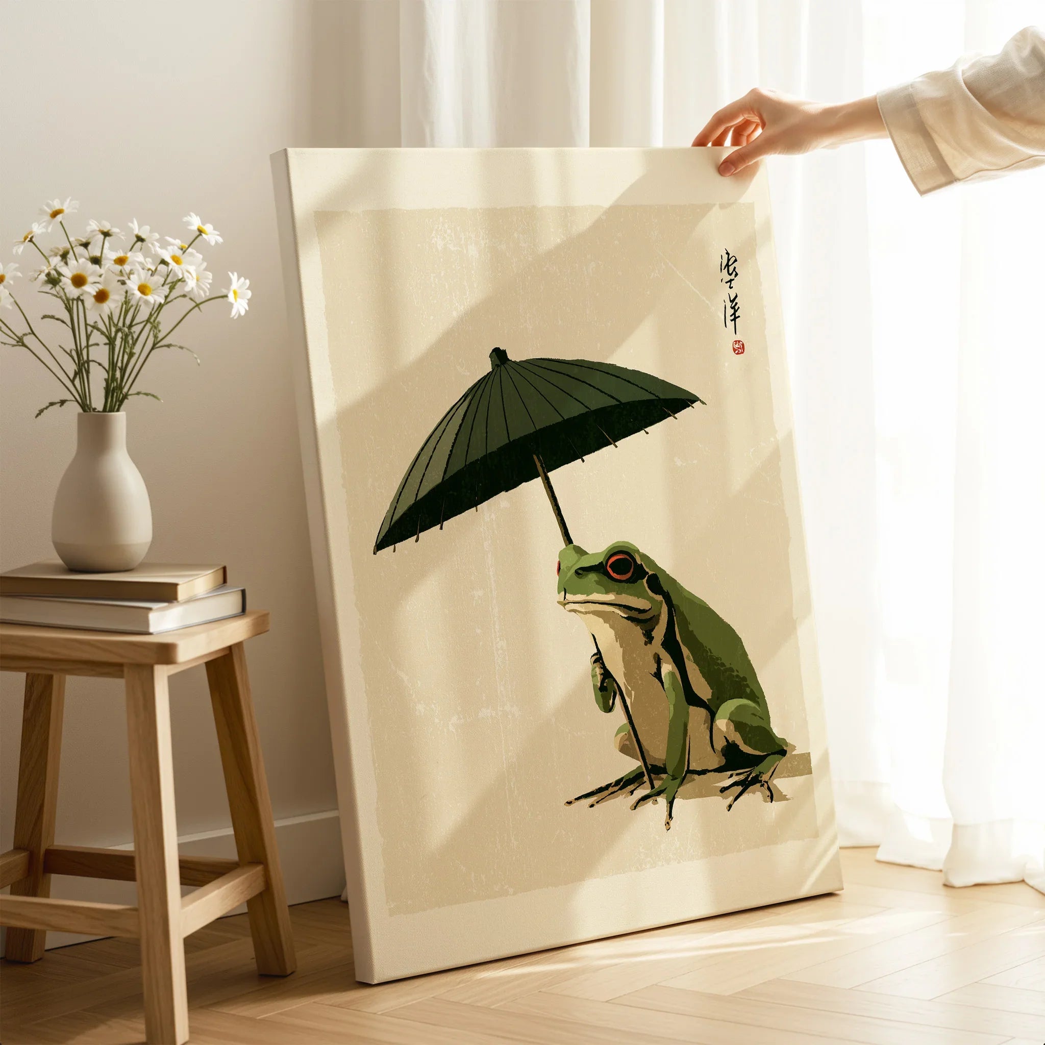 Japanese Art Print – Frog & Parasol Vintage Wall Art — canvas print mirror edge hand holding room setting