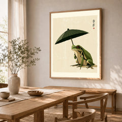 Japanese Art Print – Frog & Parasol Vintage Wall Art — dining room framed print natural wood frame