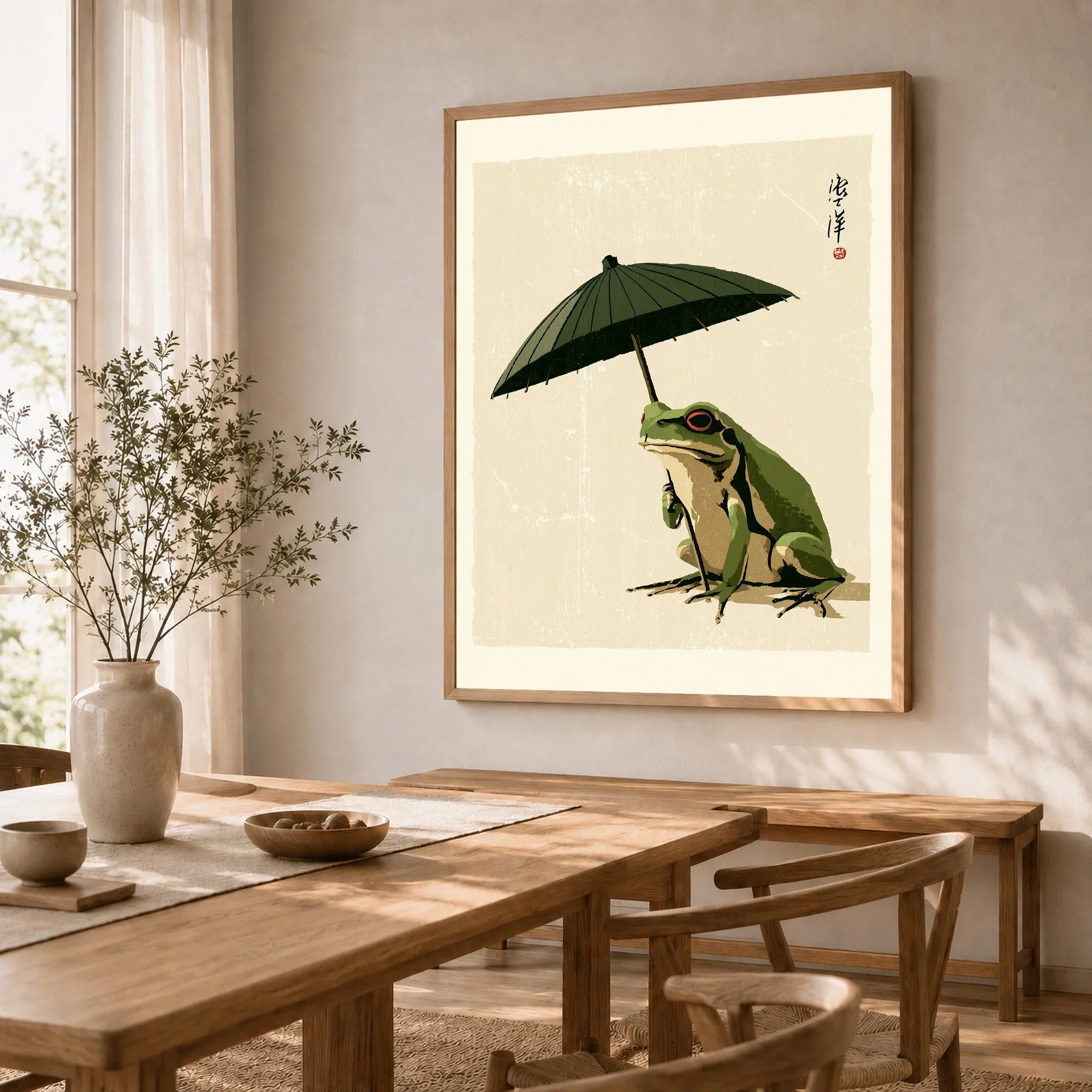 Japanese Art Print – Frog & Parasol Vintage Wall Art — dining room framed print natural wood frame