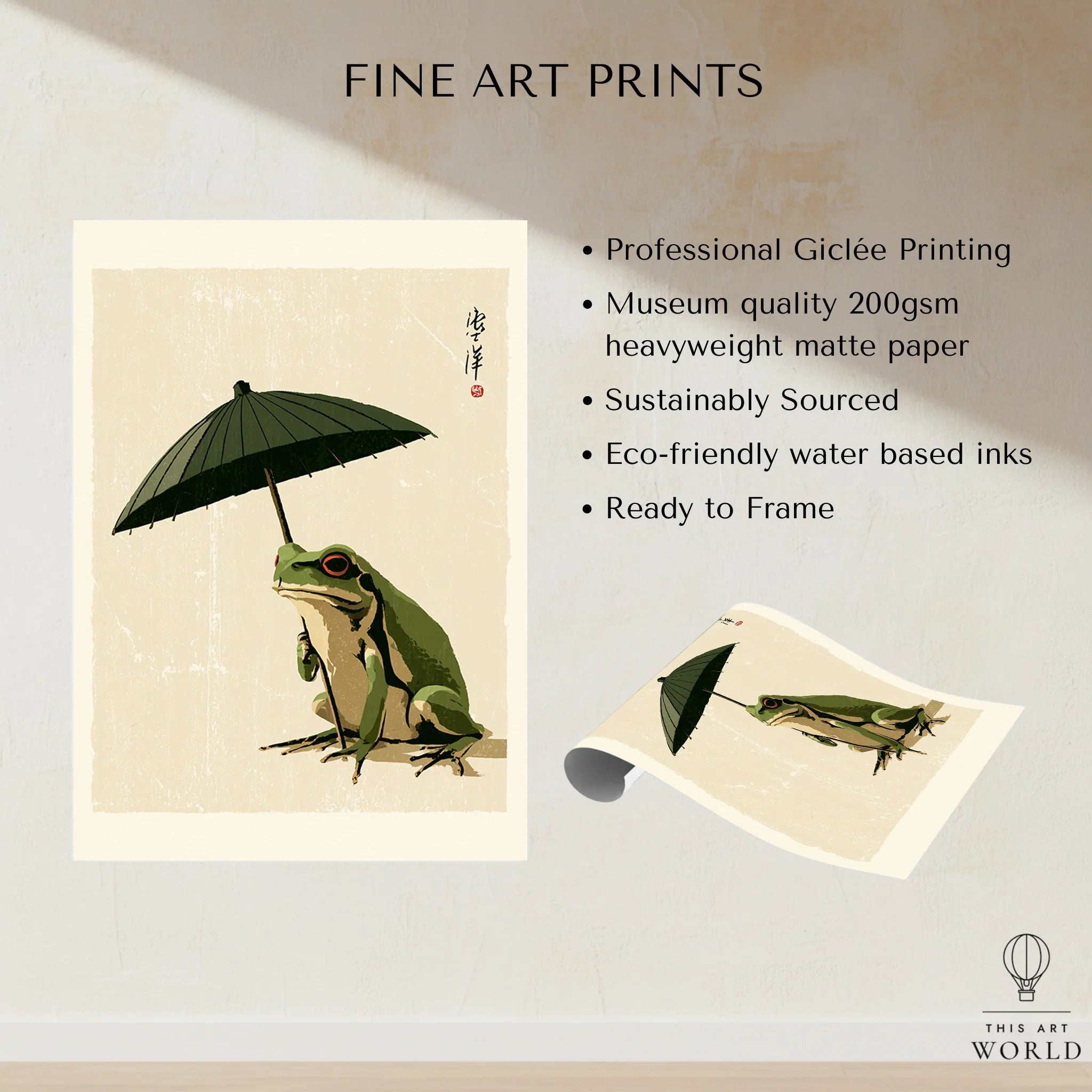 Japanese Art Print – Frog & Parasol Vintage Wall Art — fine art print unframed quality details