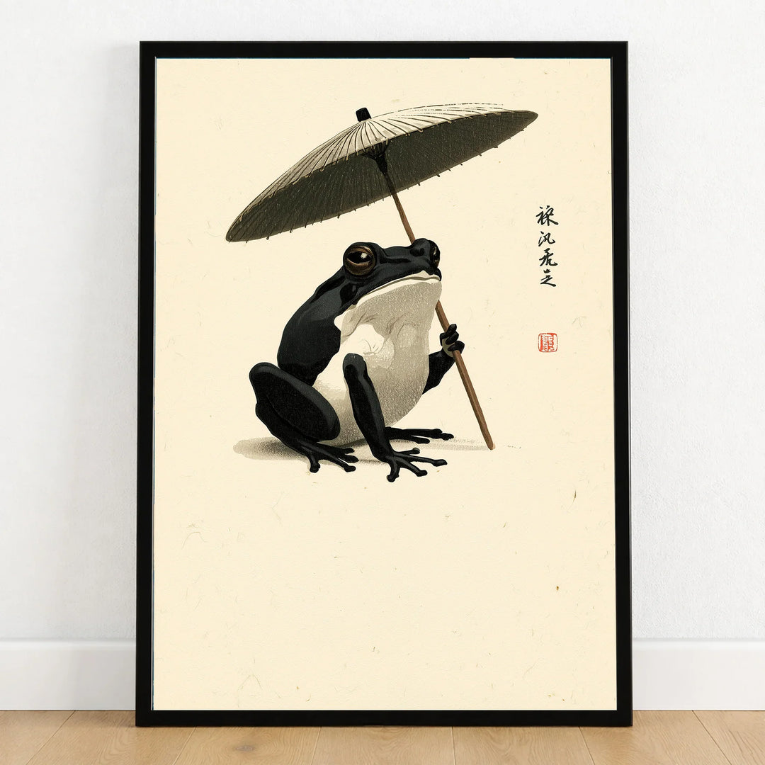 Japanese Frog Art Print – Traditional Umbrella Wall Decor — art print in black frame on wooden floor