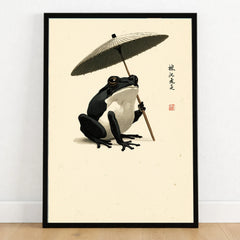 Japanese Frog Art Print – Traditional Umbrella Wall Decor — art print in black frame on wooden floor