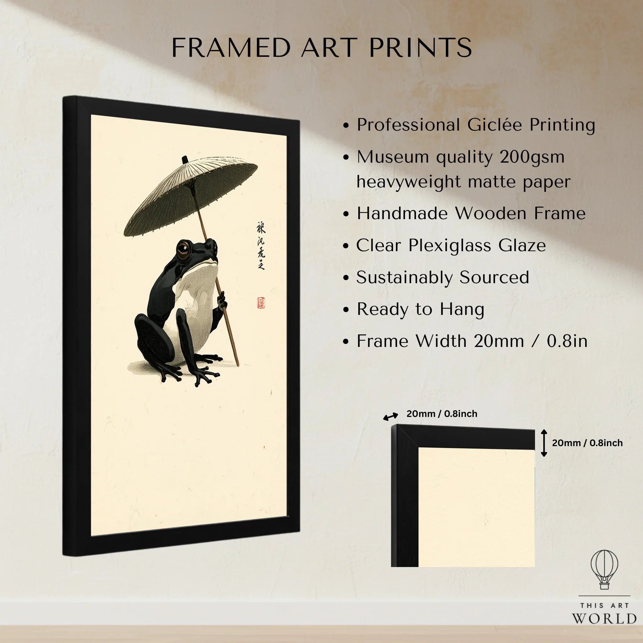Japanese Frog Art Print – Traditional Umbrella Wall Decor — framed print details measurements quality details